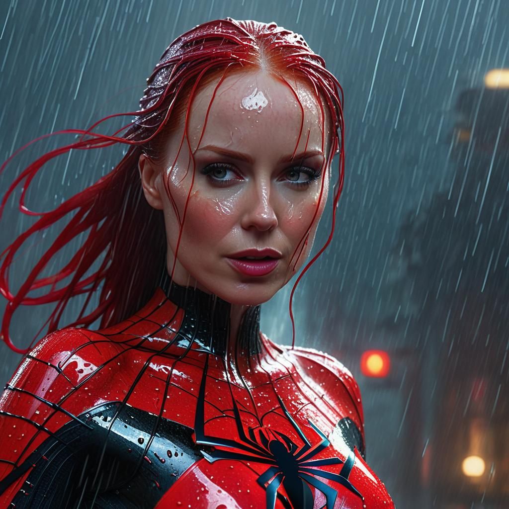 Simone Simons as spiderwoman wet in the heavy rain full body...