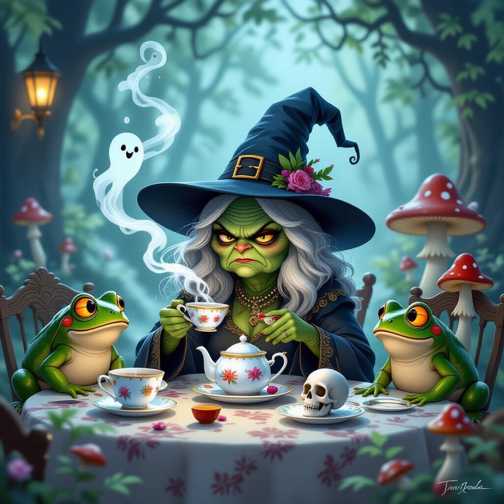 The grumpy tea party
An ancient witch hosting a tea party with frogs, skulls, and talking mushrooms, all looking bored or annoyed, steam for...