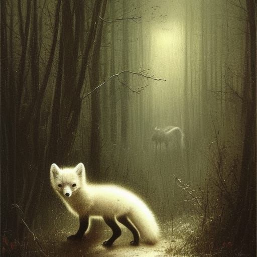 A small baby arctic fox wandering a forest at night