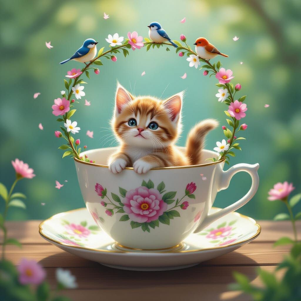 Tiny Kitten in Giant Teacup, a Whimsical Painted World