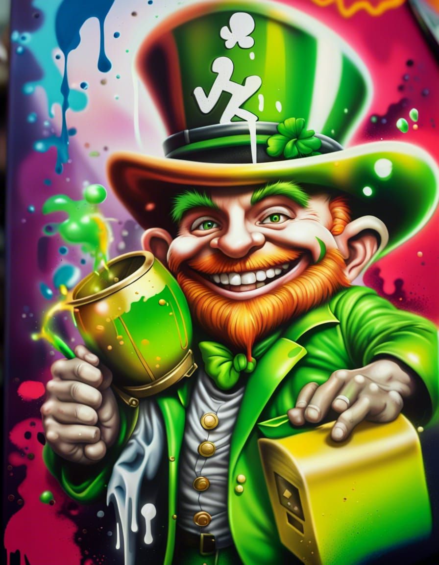 Happy smiling Leprechaun, hyperrealistic, graffiti art, splash art ...