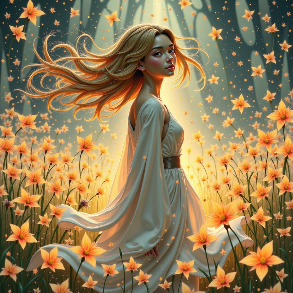 A young woman with flowing hair stands in a field of glowing, bioluminescent flowers, her face lit by the ethereal glow. The background is a...