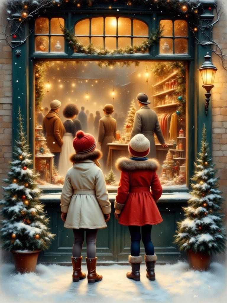Children Gaze into Festive Holiday Shop Window in Vintage St...