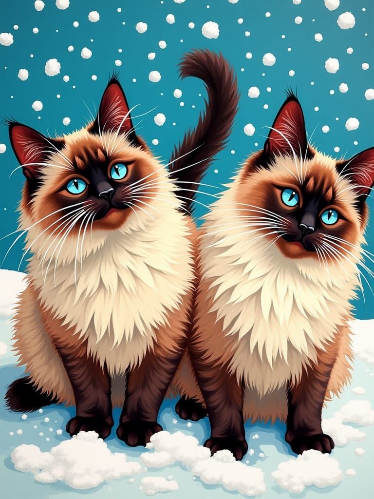 pop art, colorful portrait of two long hair siamese cats wit...