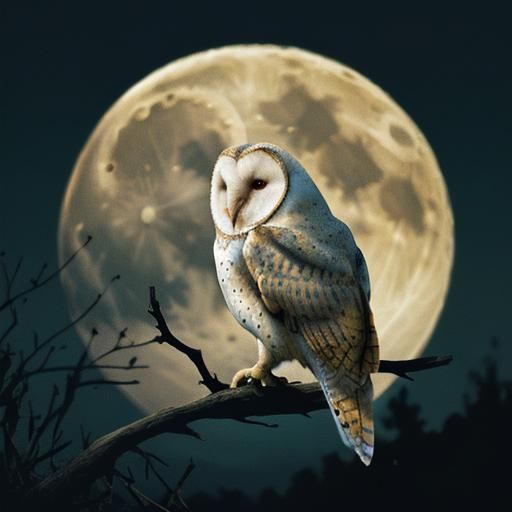 Barn Owl Sitting On A Branch, Full Moon Behind, Clear Sky, 4k ...