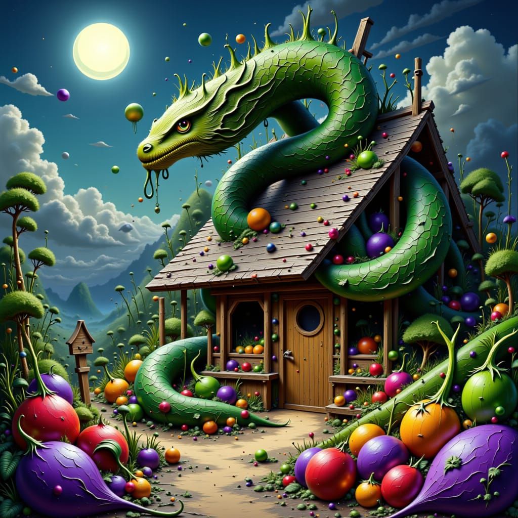 Surrealism. Oil painting. A giant, ancient snake coiled around a rustic farmstand laden with oversized, dreamlike vegetables. The scene is b...