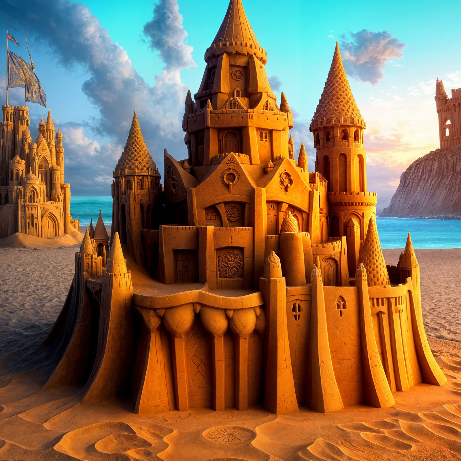 Elaborate beautiful fantasy sand castle on the beach, detail...