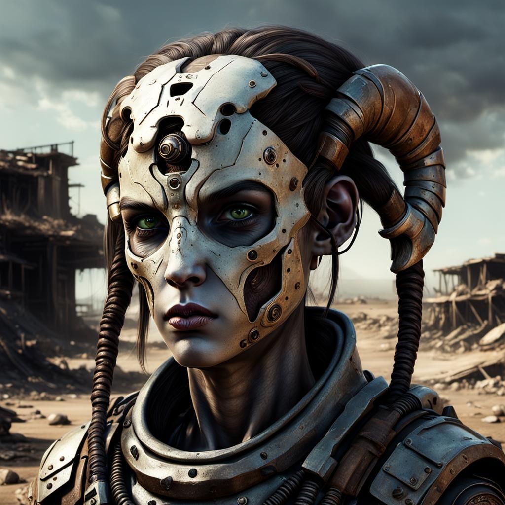 Ram Humanoid Female Beautiful face. post apocalypse
