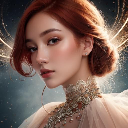 Auburn-Haired Woman Portrait with Neon Aura