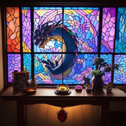 a vibrant stained glass four panel window  of a  Japanese dr...