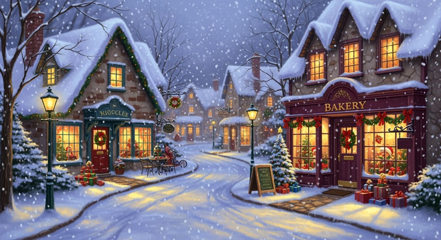A cozy, snow-covered village street scene on Christmas Eve!  by @Paul G