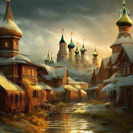 Cinematic fantasy landscape, beautiful Russian village, amaz...