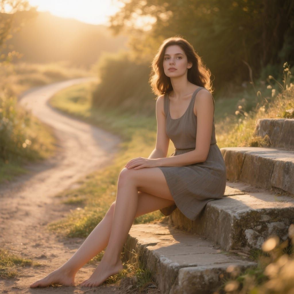 Hyperrealistic photo of a gorgeous woman wearing a sleeveless mini dress, sitting on some steps, near a path