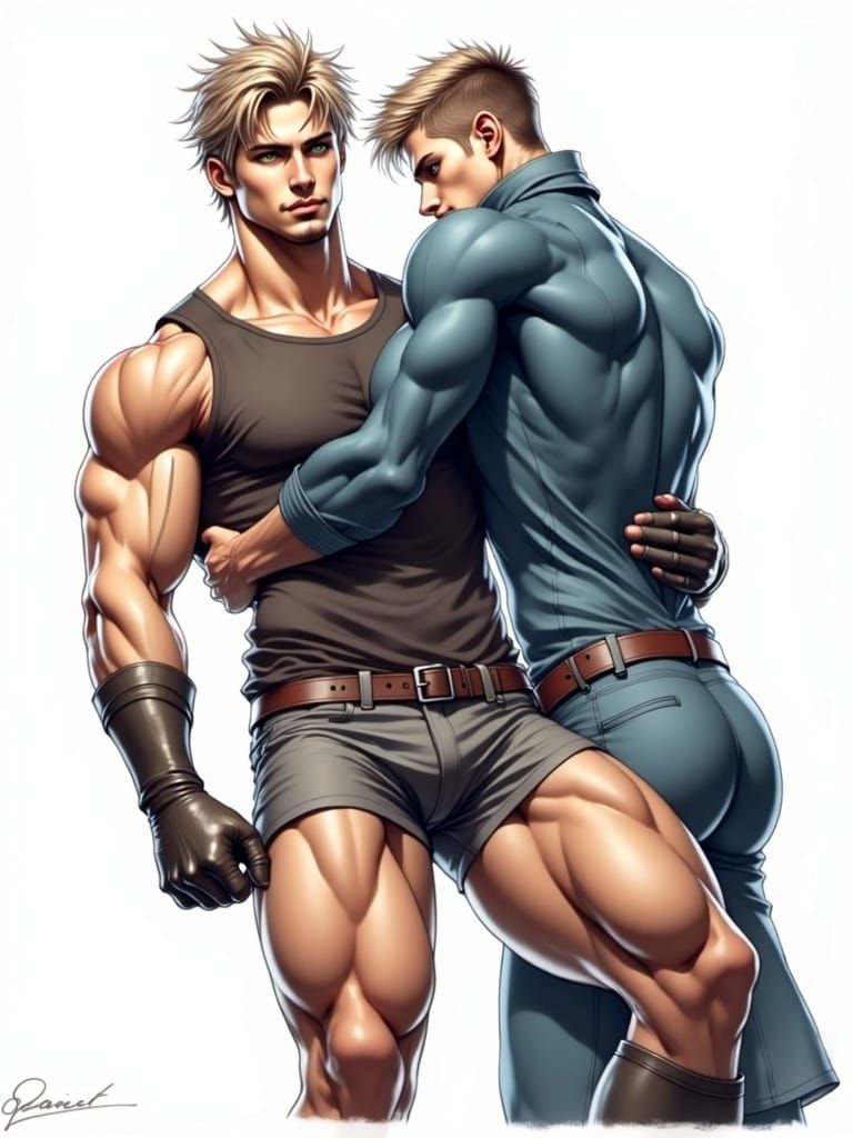 A photorealistic image depicting a tall Athletic jock with a masculine physique wrestling with a smaller guy. <lora:Versatile Male:1.0> deta...