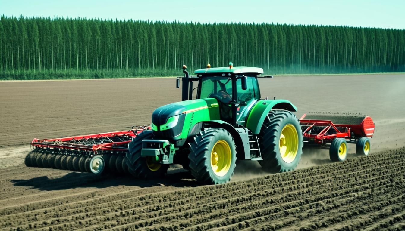 Green Tractor Seeding Field in Nordic Style