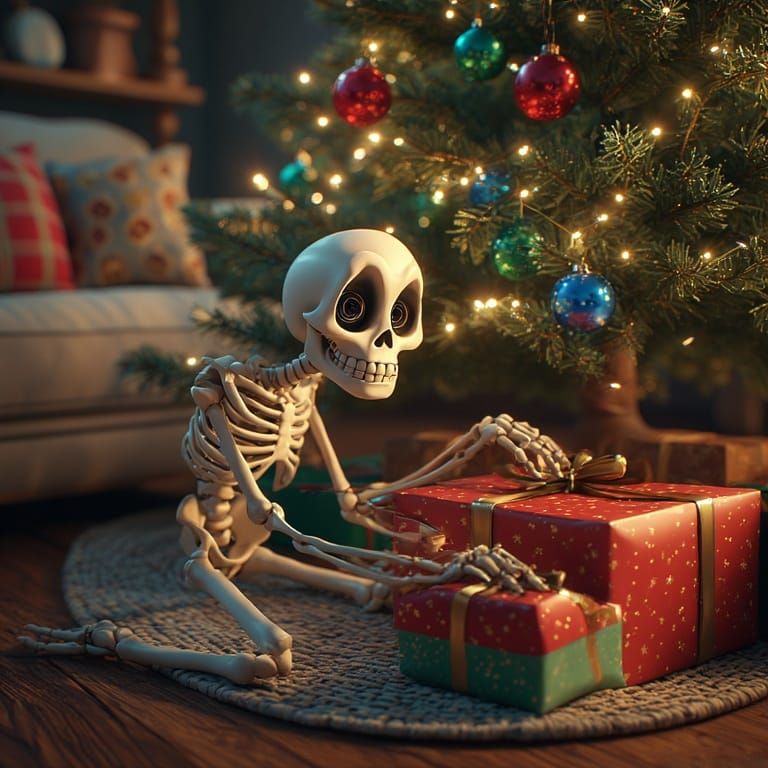 Skeleton Eager To Unwrap Christmas Gifts