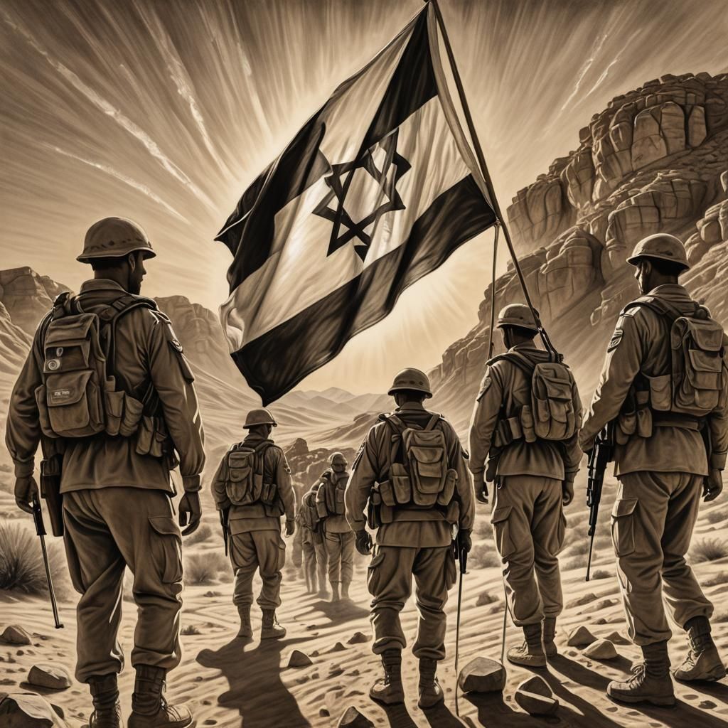 Israeli Soldiers Raise Flag: Charcoal Drawing