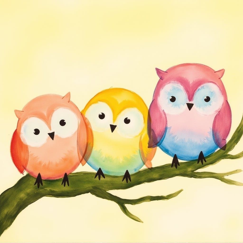 <lora:Painting:1.0>, 3 cute colorful fluffy owls sitting on a branch. impasto, brush strokes, messy brush strokes