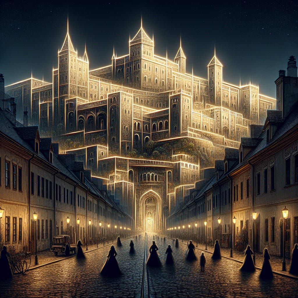 historic european city at dusk. In the center - an illuminated outline of a large castle