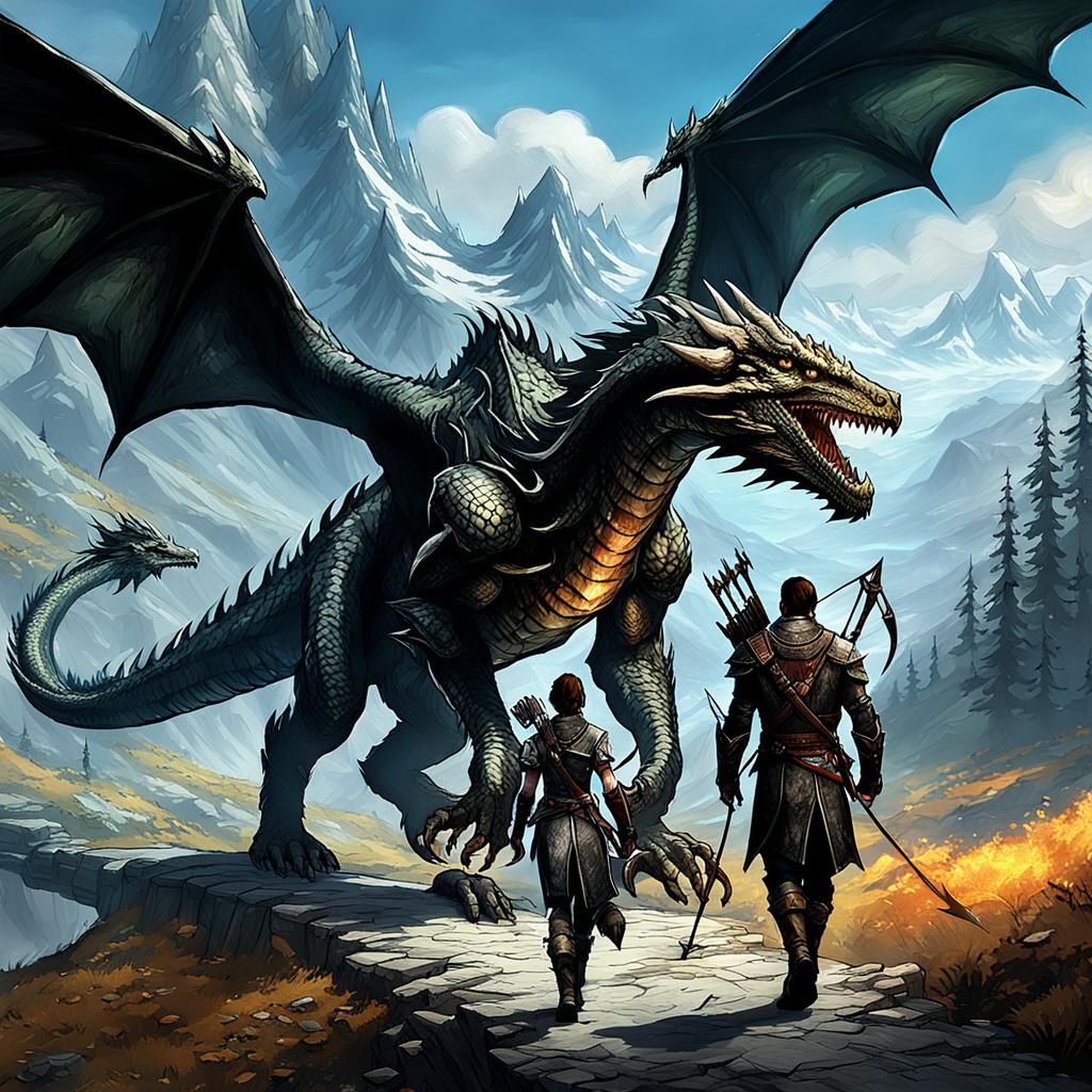 Skyrim archer character walking with companion with a dragon...