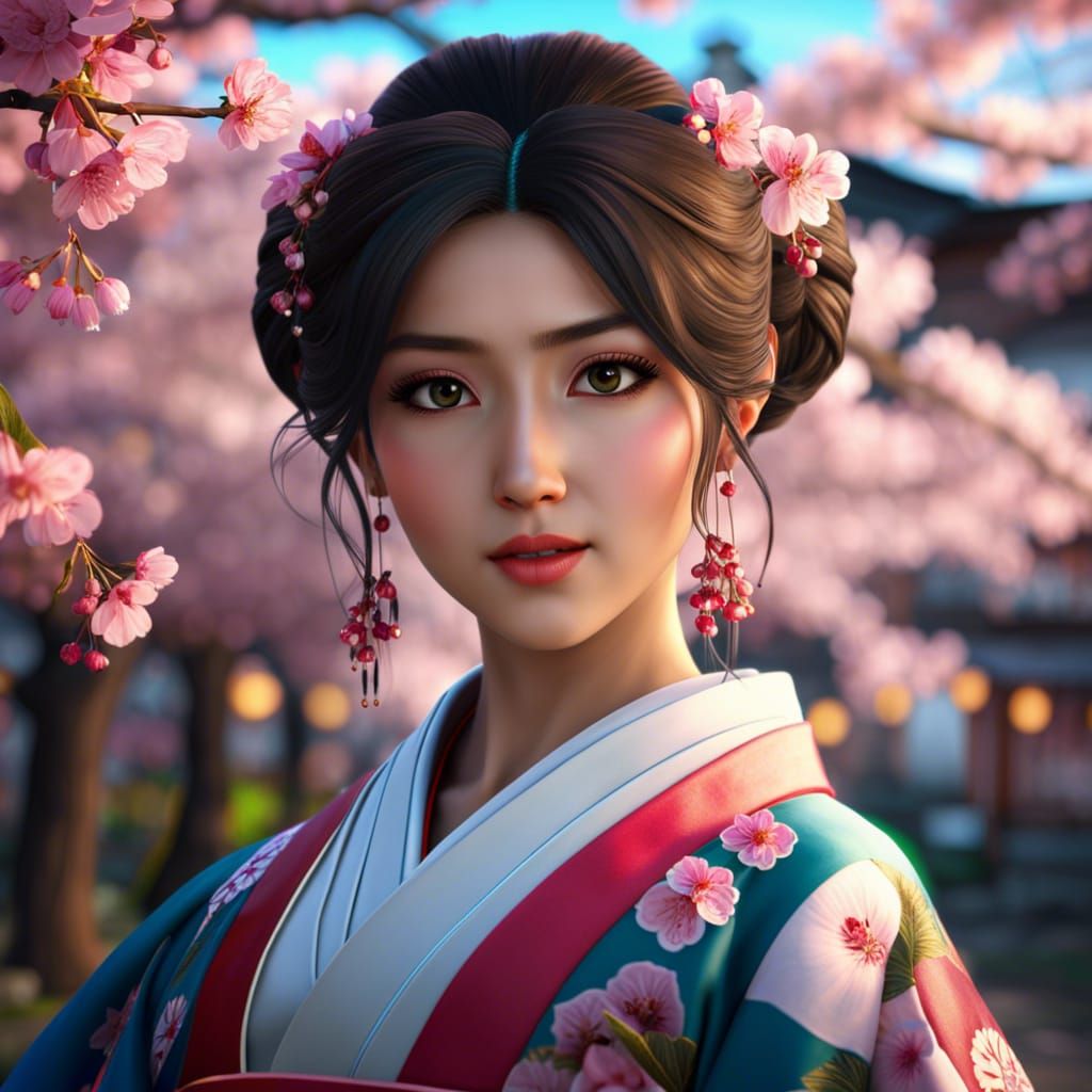 Japanese girl in traditional dress with Cherry blossoms