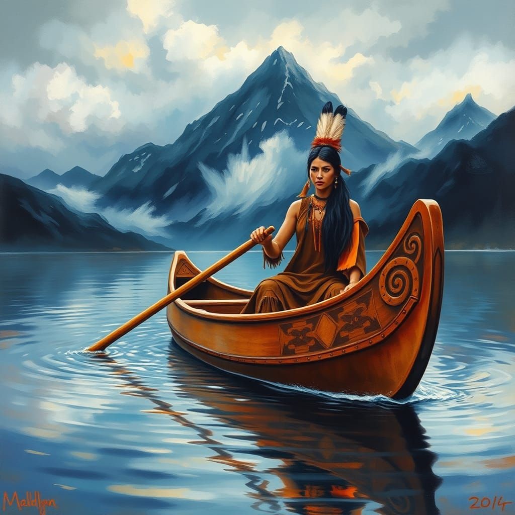 Native American Woman Paddling Canoe: Watercolor Impasto Sty...