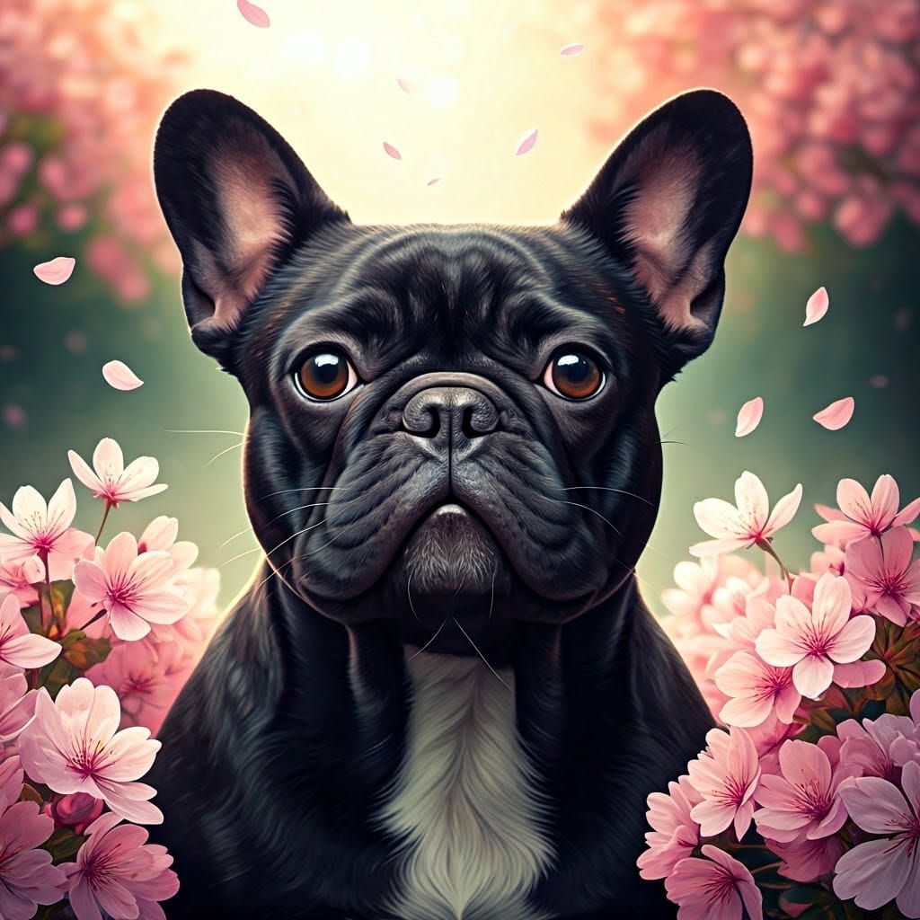 Black french bulldog cherry blossoms