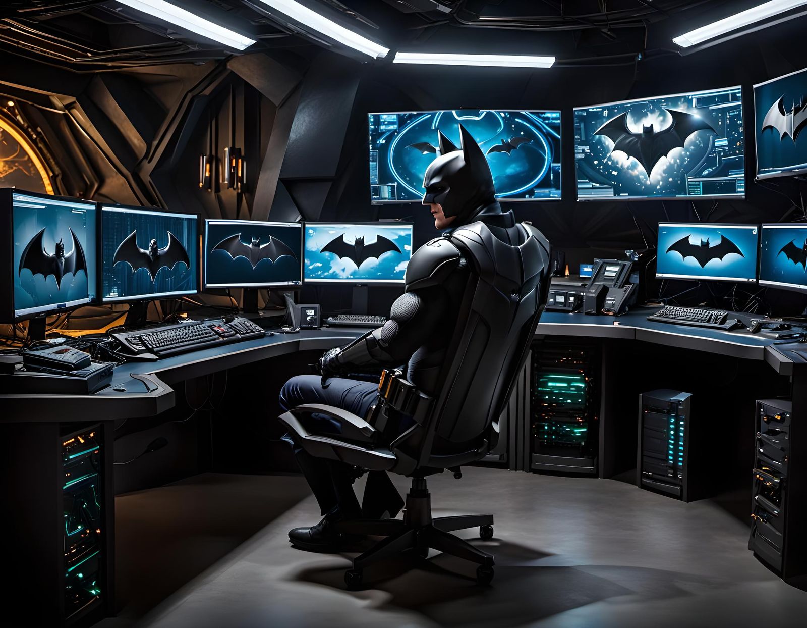 The batman sits in chair in the batcave surrounded by computer monitors ...