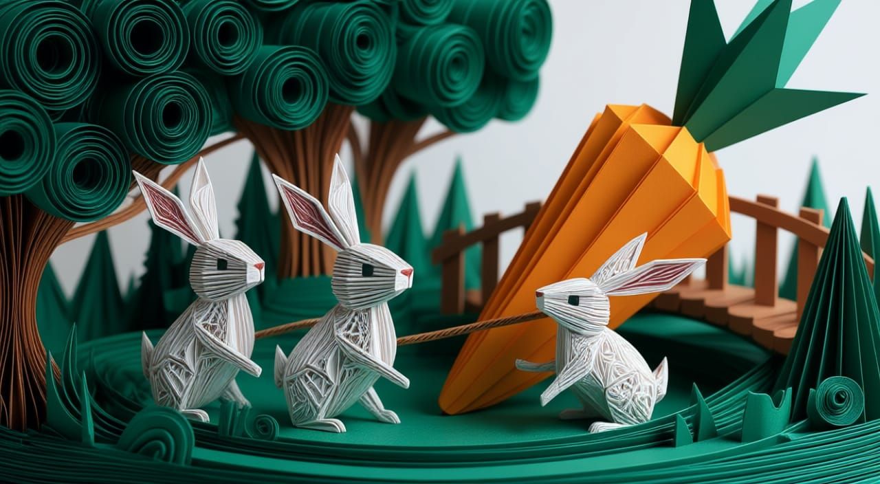 Rabbits discovering a massive CARROT | 3D Papercraft (Ideogram 2a Turbo - Qwen Image Edit Plus - Clarity Upscale 50%)