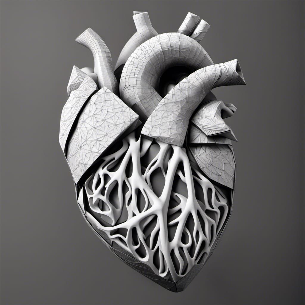 Origami human heart, anatomically correct, folded, intricate...