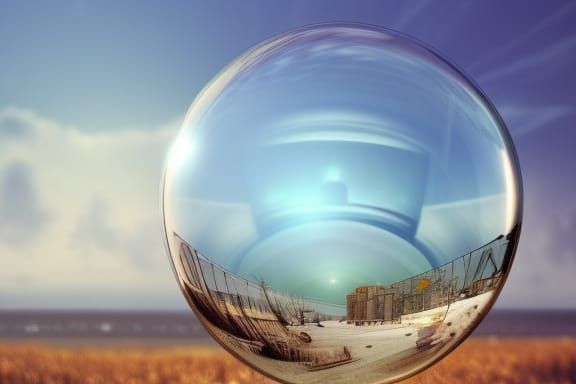 a building around the bottom of a glass ball