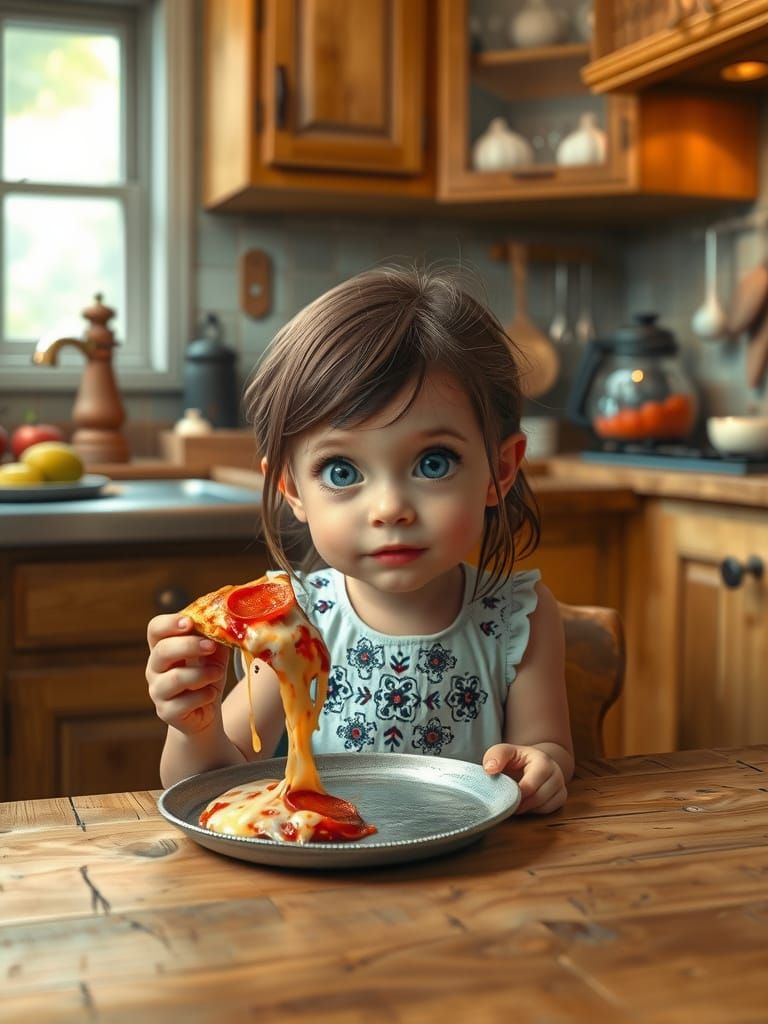A little girl in traditional dress and big blue eyes, in a cozy, warm and bright kitchen. She sits at a carved table and happily eats pepper...