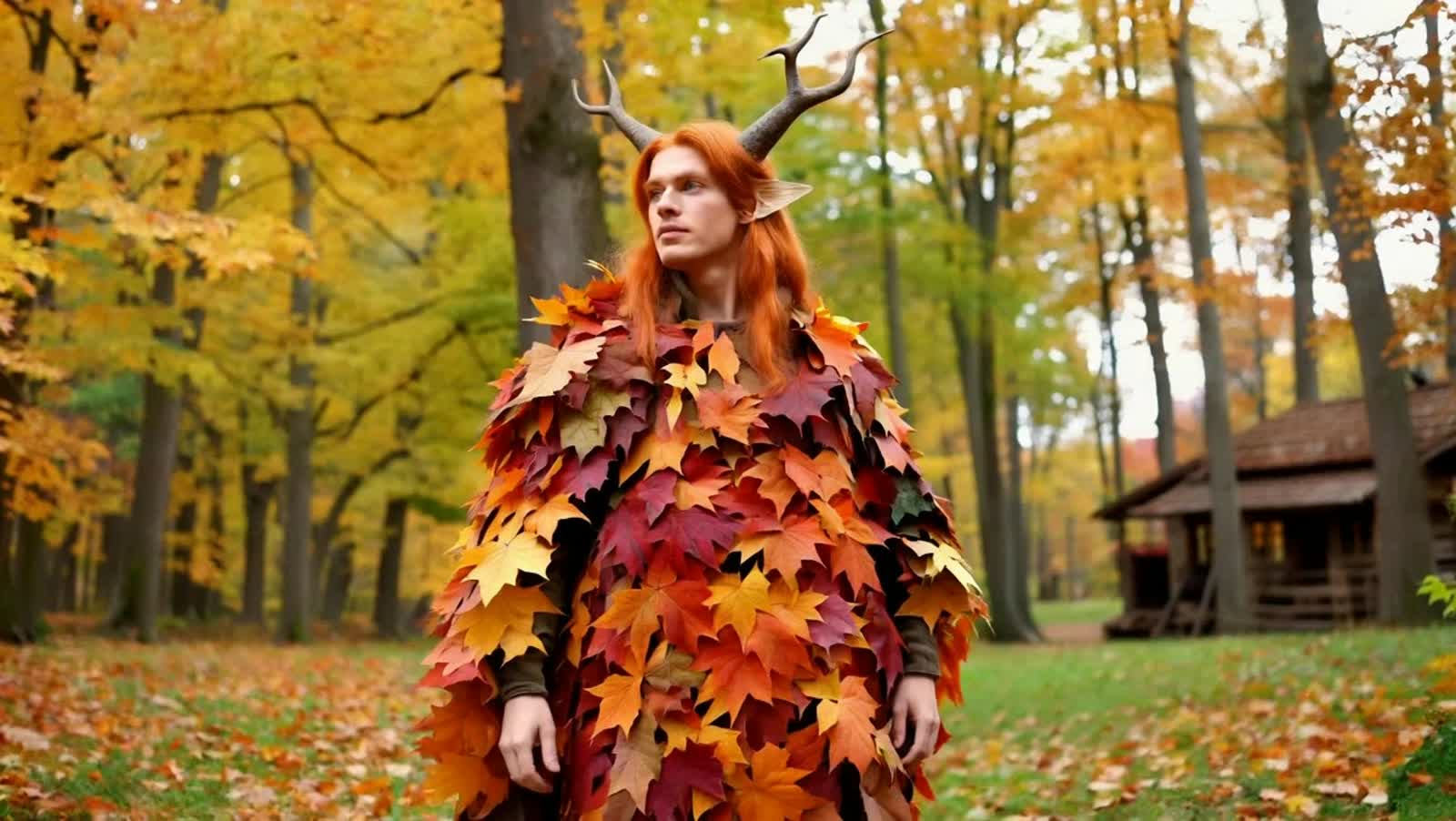 Male cozy, warm,  forest spirit of autumn, long hair, maple leaf cape. Orange-Red hair. Halloween vibe pumpkin. Horns in...