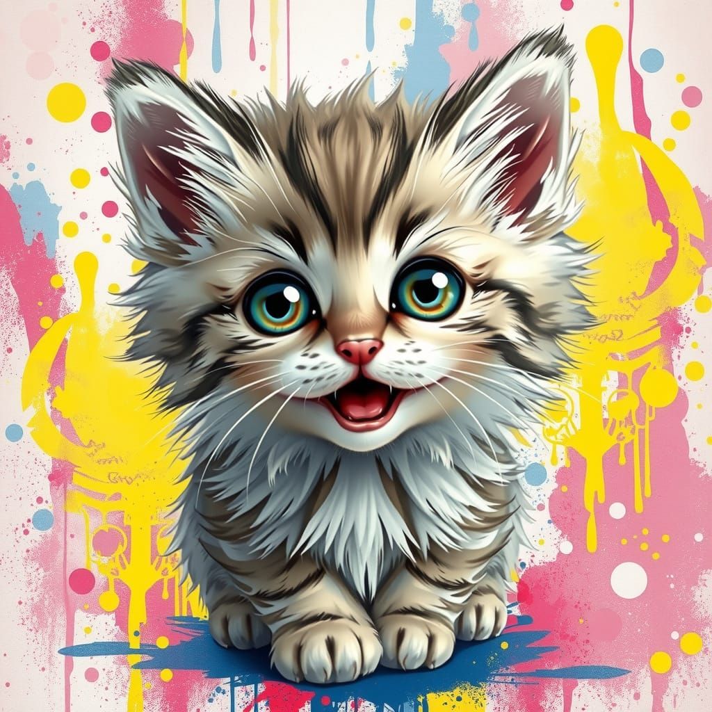 Chibi Kitten in Vibrant Paint Splatter