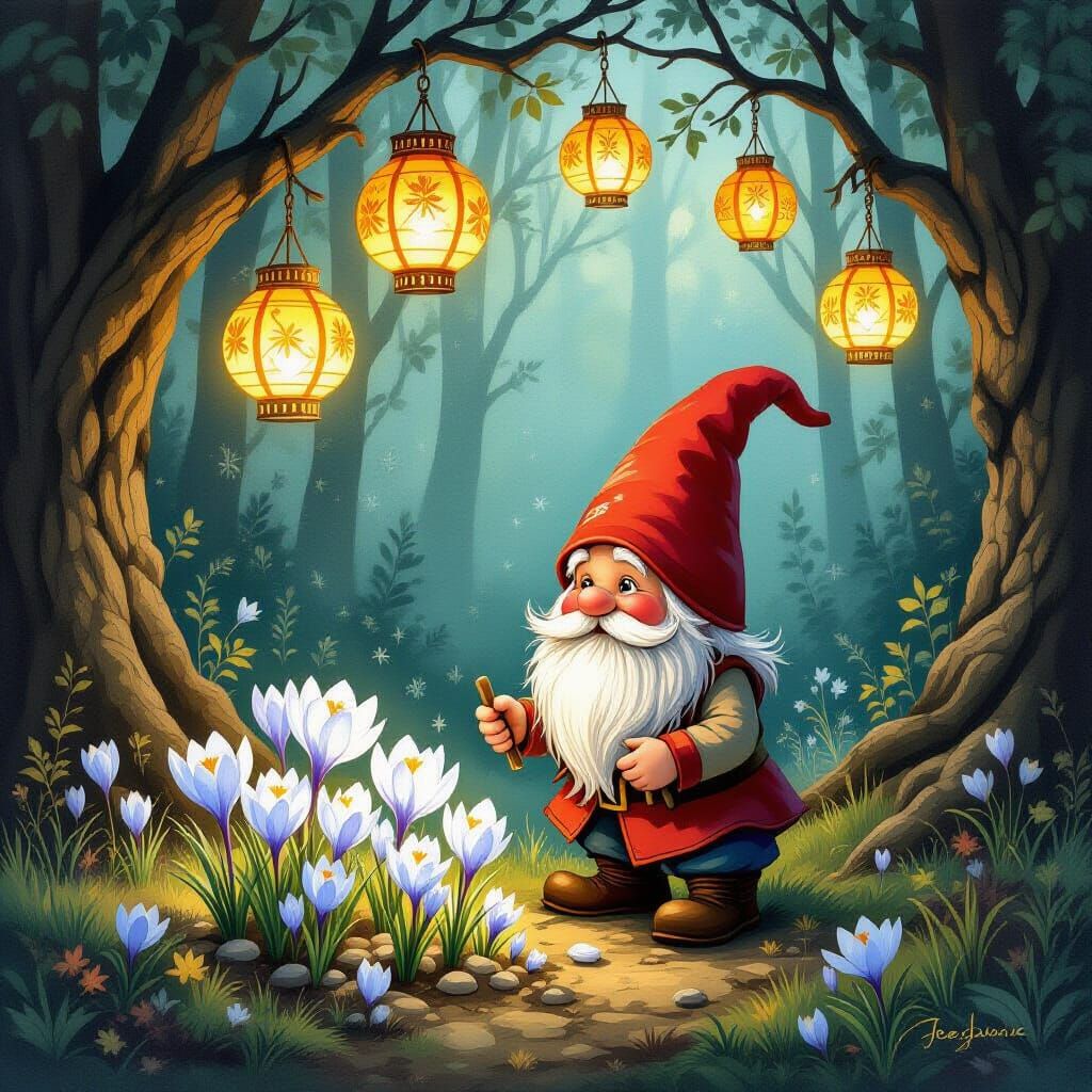 A whimsical gnome, adorned in folk art-inspired attire, tends to a patch of glowing crocus flowers in a hidden forest clearing. The scene is...