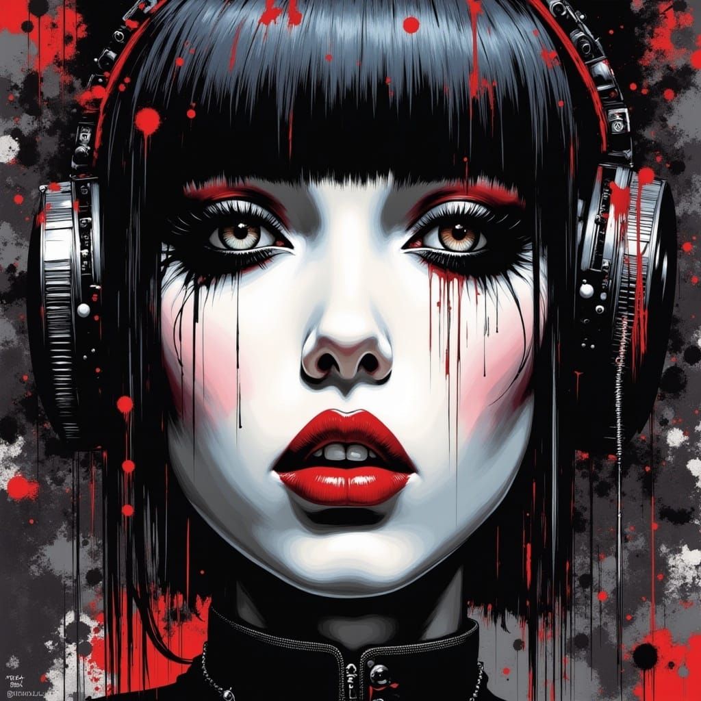 <lora:GPF:1.0> Pointillist style painting portrait close up of a goth punk Girl hyperdetailed simple in its complexity complementary colors