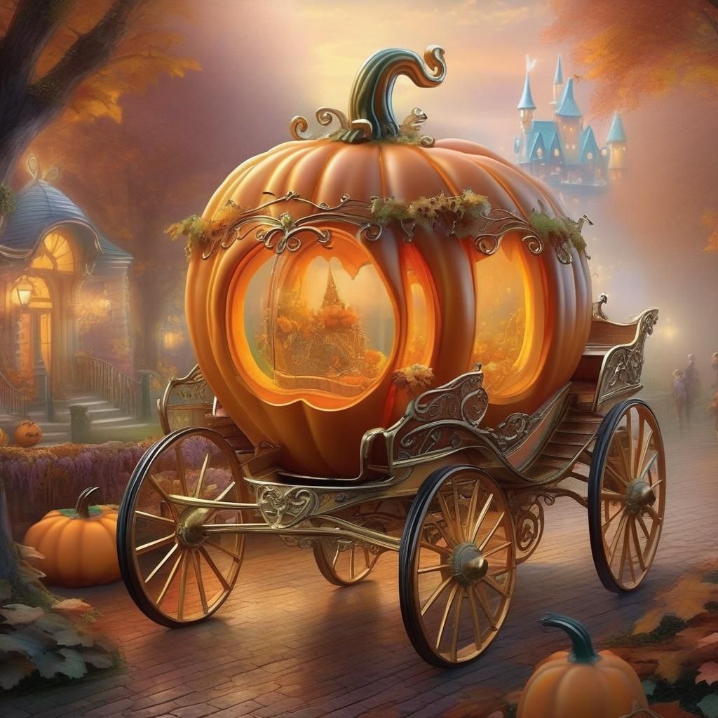 A glass horse-drawn carriage in the shape of a pumpkin in th...