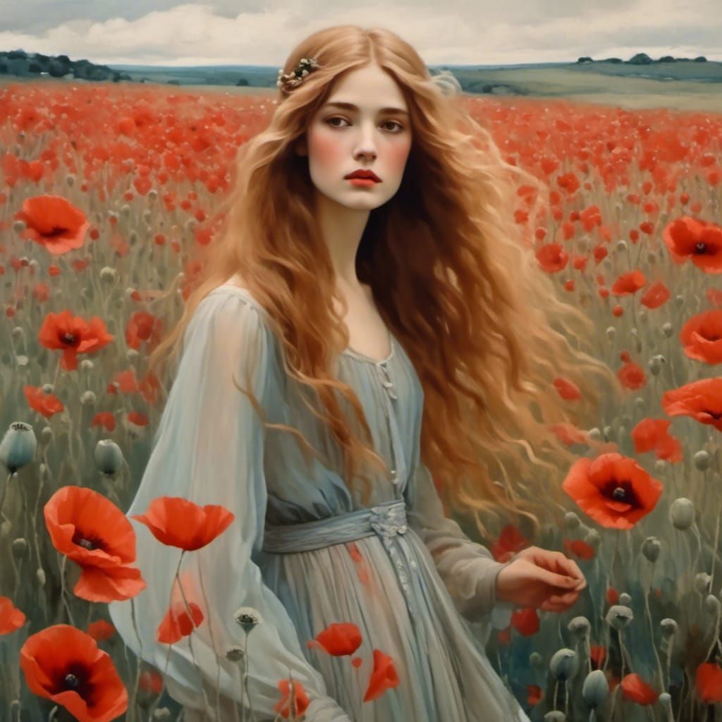 Girl in beautiful flowing diaphanous gown wandering through a poppy field, romantic <lora:Gothic Romantics:1.0> , imperfect style, by Carlo...
