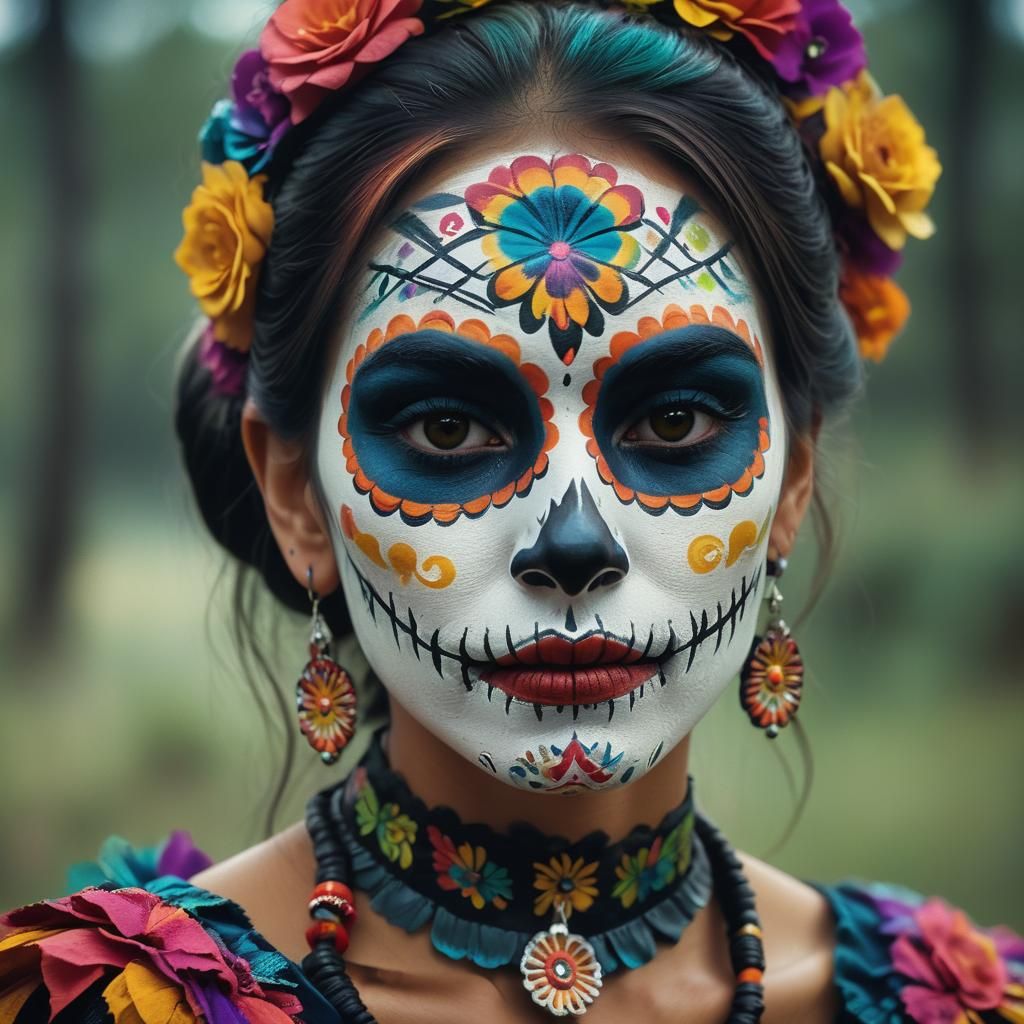 Medium shot of a beautiful woman wearing colorful Día de los...