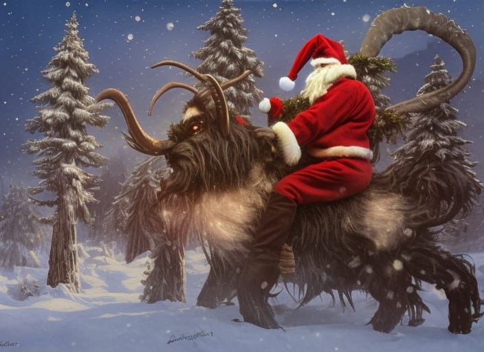 Santa riding krampus into town