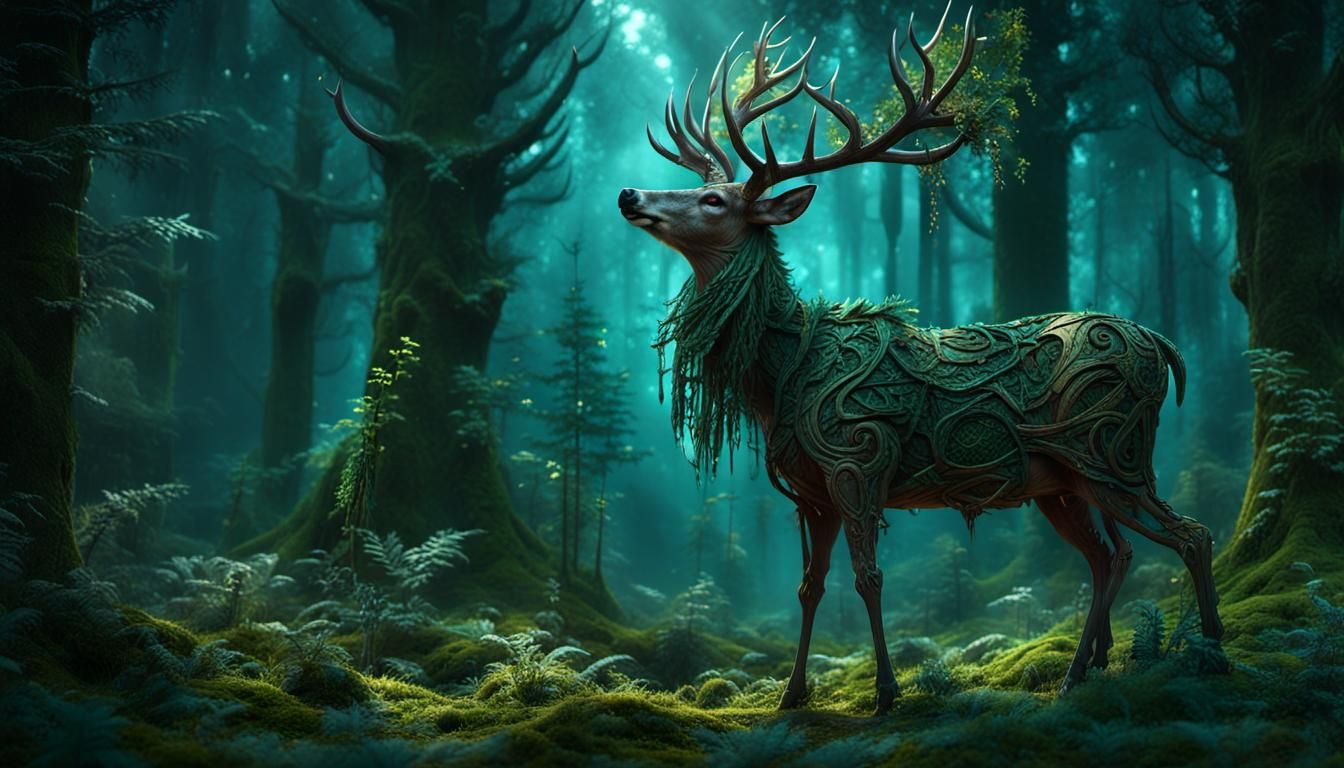 Bracken, magical, druidic deer made of parts of the forest with a druidic, elvish sorceress 
  by @Dorian