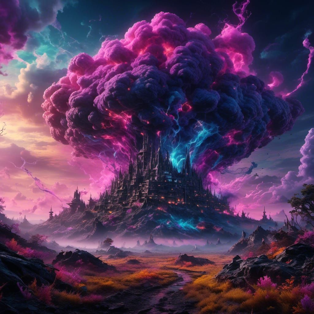 A mysterious atomic explosion of vibrant smoke within a desolate landscape, amazing, magical, deadly <lora:Spectral:1.3> 