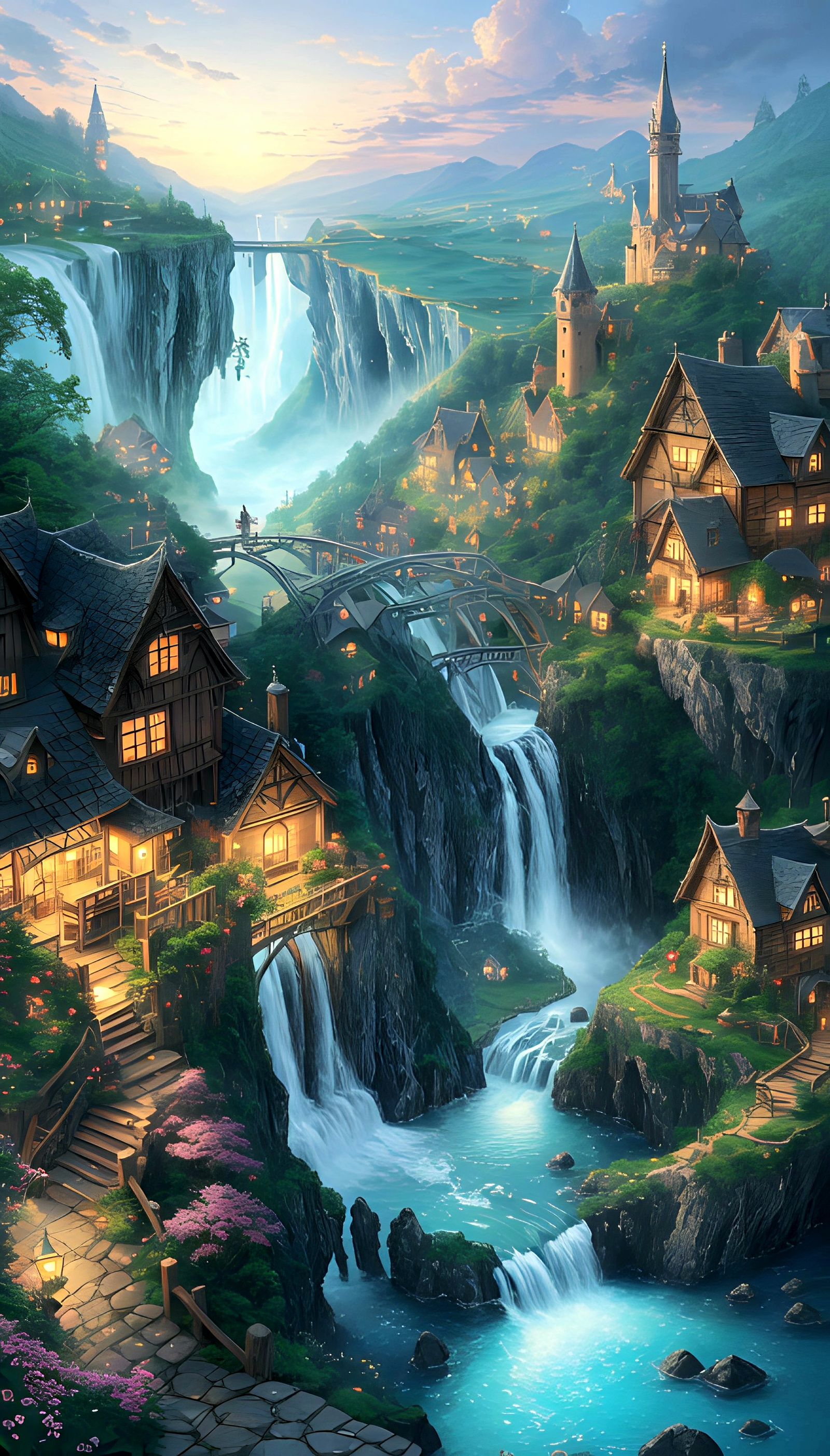 Small village with waterfall in the middle