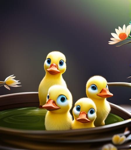 A group of happy ducklings on a pond evolved from flowers in a field