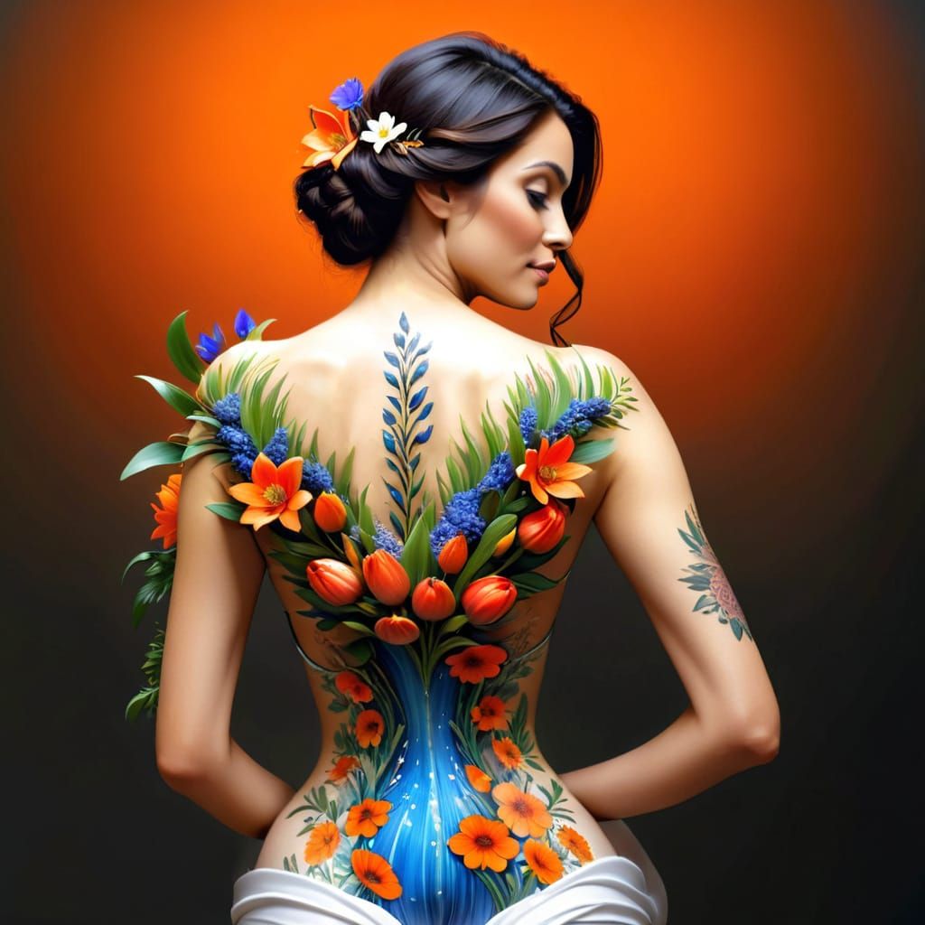 Surreal Floral Arrangement on Woman's Back