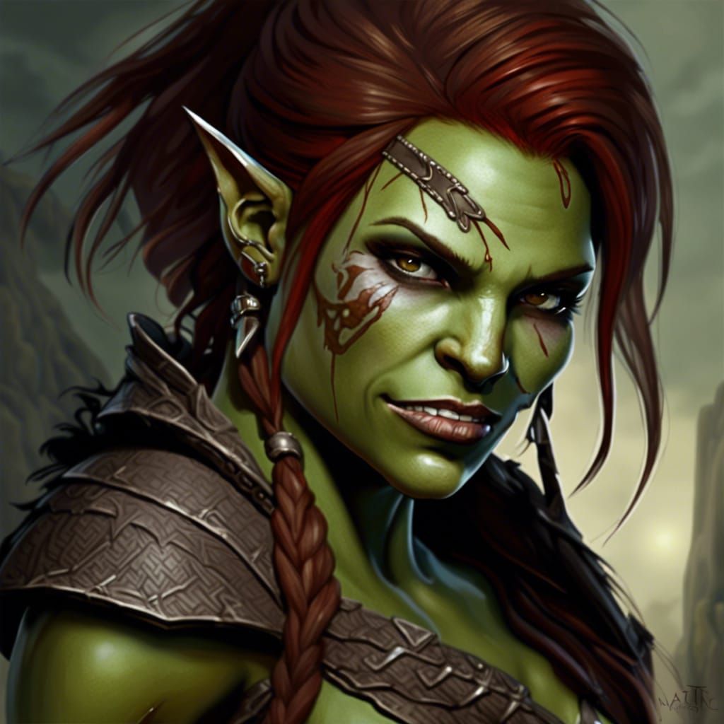 Half orc, female, brownish red hair, dark brown eyes, large teeth, pale ...