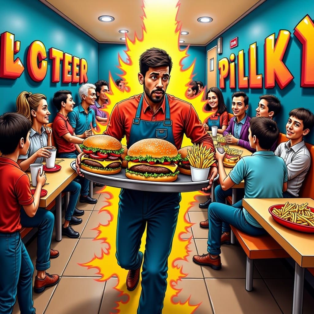  <lora:GraffitiPiece FL:1.0> A person balancing a tray of burgers, fries, and milkshakes, rushing to a crowded table.
