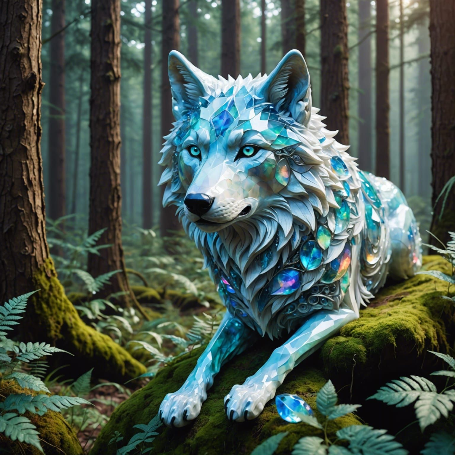 Opal crystal wolf in a forest a masterpiece, ethereal fantas...