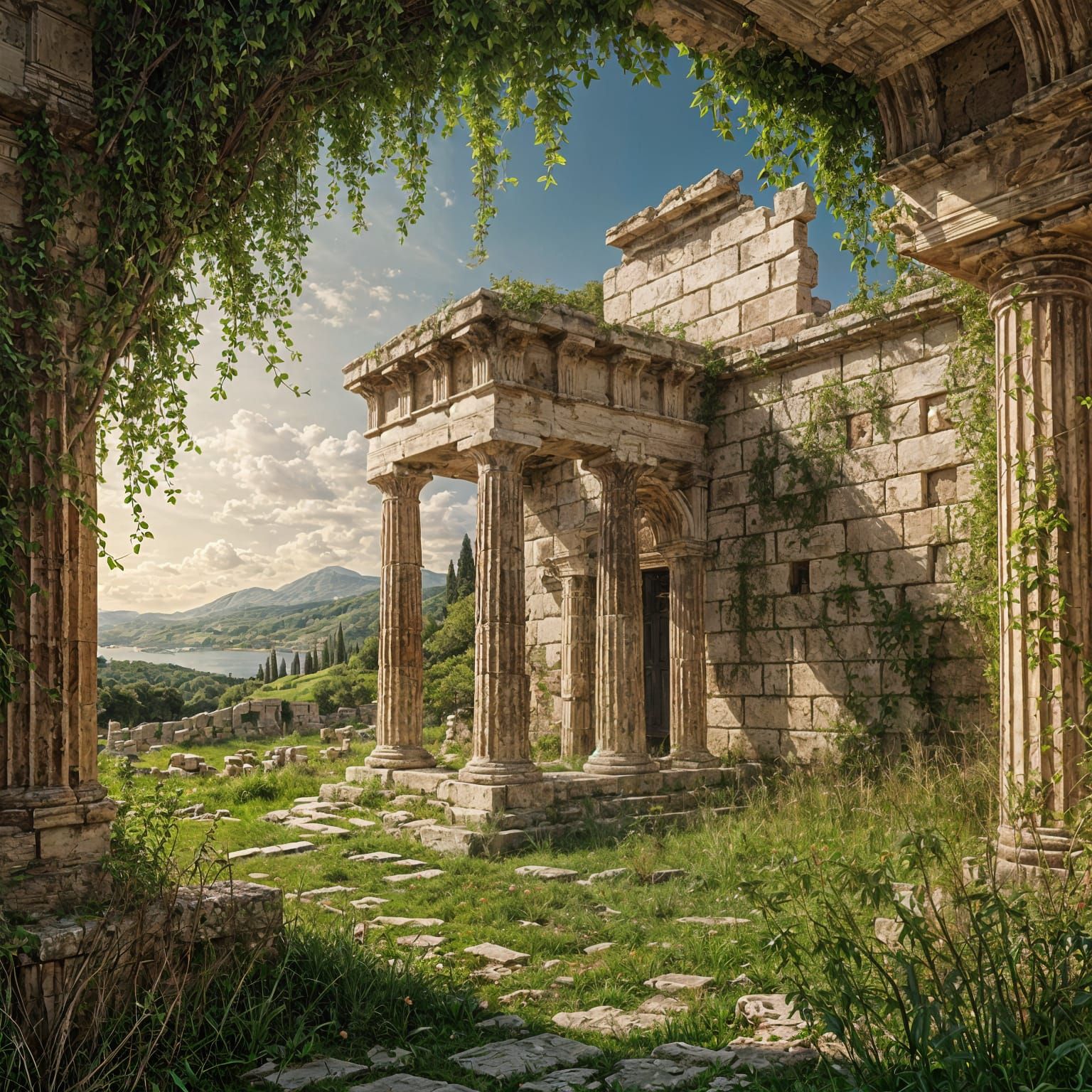 Abandoned Greek ruins, ivy and grass, capriccio, hyper detailed   by @FleurTerreur