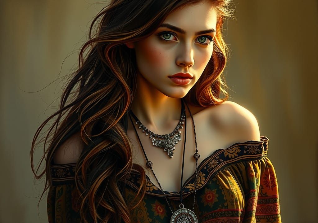 Elegant Boho Woman in Oil Painting